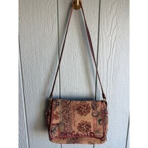 Fossil Tapestry Crossbody Bag | Floral Woven Purse | Leather Trim | Vintage Boho
